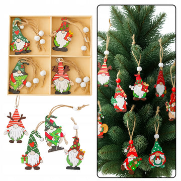 Drewniane zawieszki na choinkę skrzaty, zestaw 12 sztuk wielokolorowych ozdób świątecznych z naturalnego drewna, dekoracja bożonarodzeniowa do domu.