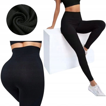 LEGGINSY PRĄŻKOWANE BAMBUSOWE DAMSKIE WYSOKI STAN DŁUGIE ROZ. L/XL