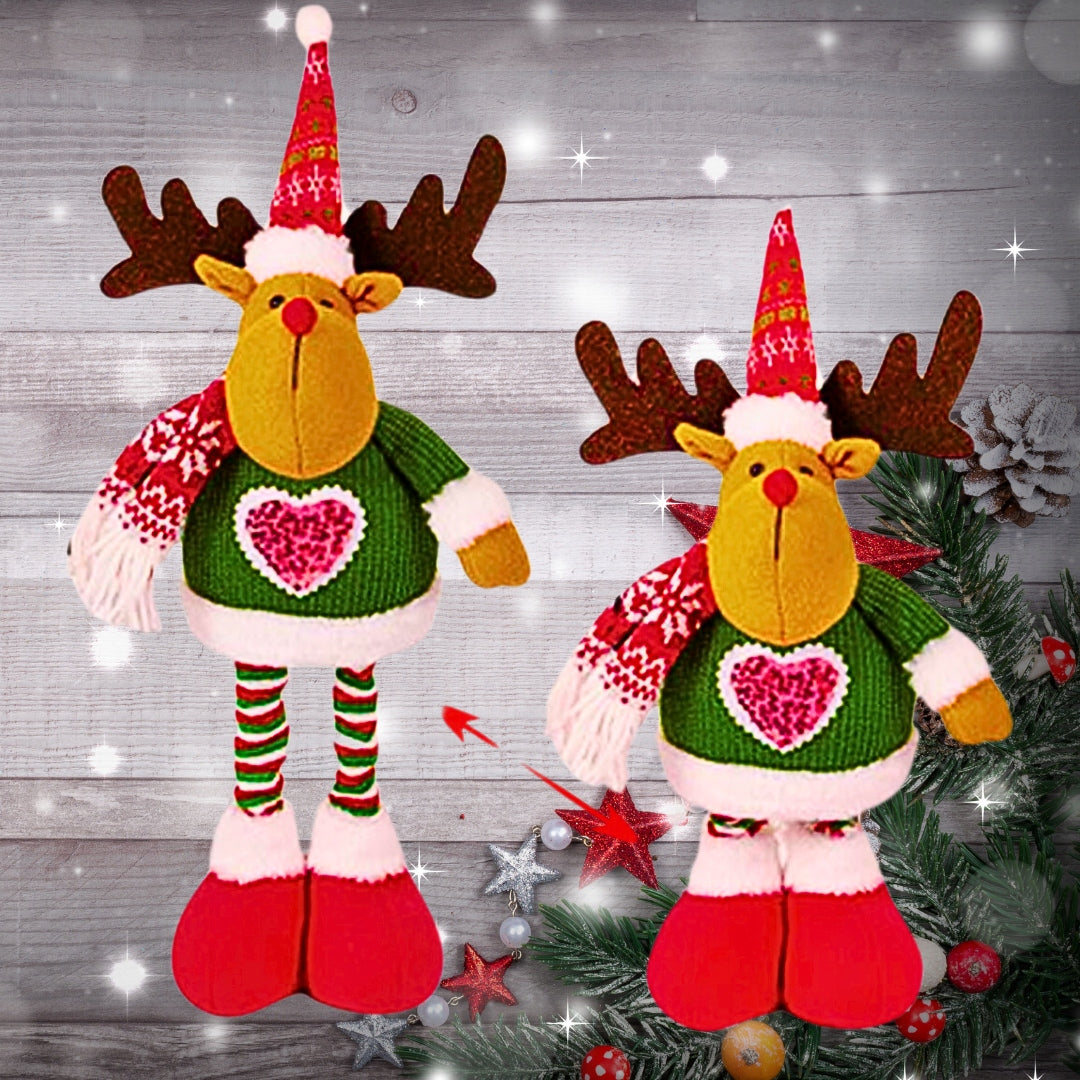 Duży renifer dekoracyjny 51 cm z teleskopowymi nogami i stabilnymi czerwonymi butami, ozdoba świąteczna na stół, kominek i parapet.