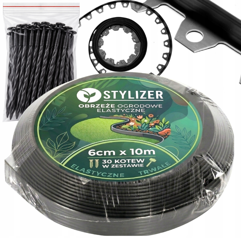 Obrzeże Trawnikowe Ogrodowe Plastikowe ELASTYCZNE Czarne 6cm 10m + Szpilki