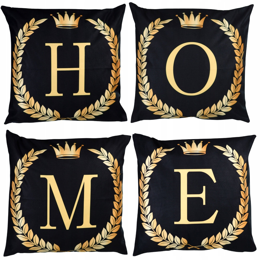 Eleganckie czarne poszewki świąteczne z napisem HOME w złotym kolorze