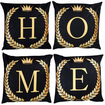 Eleganckie czarne poszewki świąteczne z napisem HOME w złotym kolorze